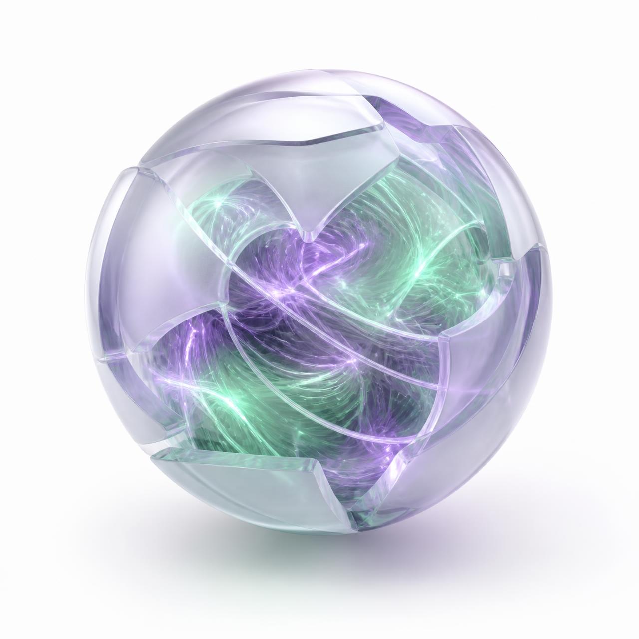 Abstract glass sphere with green and violet light filaments representing an AI neural core